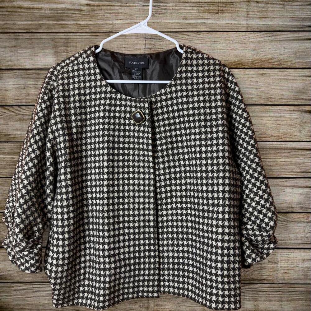Focus 2000 Black houndstooth Academia Office Corporate Wool Swing Jacket size 12